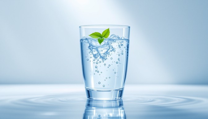 Pure glass of clear fresh drinking water with natural droplets